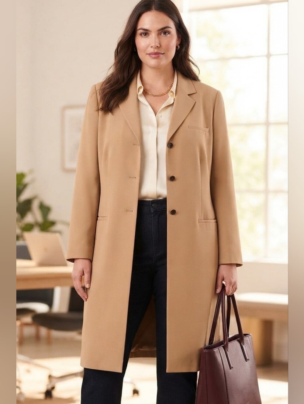 Vintage Jon Lawrence Camel Tan Duster Classic Tailored Women's Coat Crepe 22W